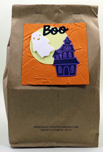 A Quick Halloween Trick or Treat Bag It features a Ghost, a Haunted House, a Moon and the word Boo made with dies from Stampin' Up!.