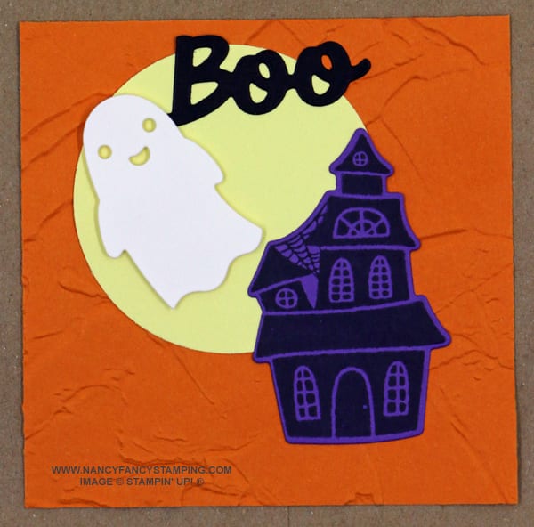 This is a close up of the layers on today's quick Halloween Trick or Treat bag - notice the details that the Painted Texture 3D Embossing Folder from Stampin Up! adds.