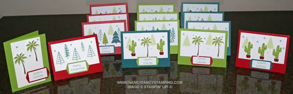 Five Stampin' Up! Christmas Everywhere Kit extra cards made using leftover pieces in front of the nine cards made as directed by the kit.