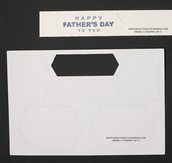  Lay the Basic White cut out onto the Basic White CS. Trace the ends using the pencil. Ink up the “Happy Father’s Day Sentiment using the Misty Moonlight Ink Spot that comes with the Best There Is Paper Pumpkin Kit OR Misty Moonlight Classic Stampin’ Stampin’ Pad and stamp it onto the Basic White CS, within the pencils marks. Trim along the pencils marks using Paper Snips. If need be, erase any pencil marks. 