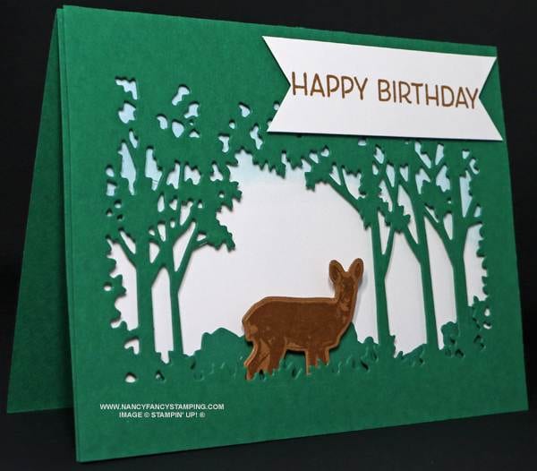 This is the font of this Shaded Spruce Hunter's 3D Scenery Happy Birthday Card, featuring a Deer