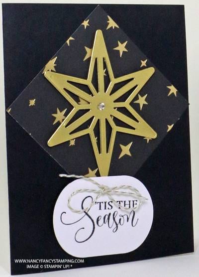 'Tis the Season Card project with a Gold Star, Rhinestone and Black & Gold Baker’s Twine
