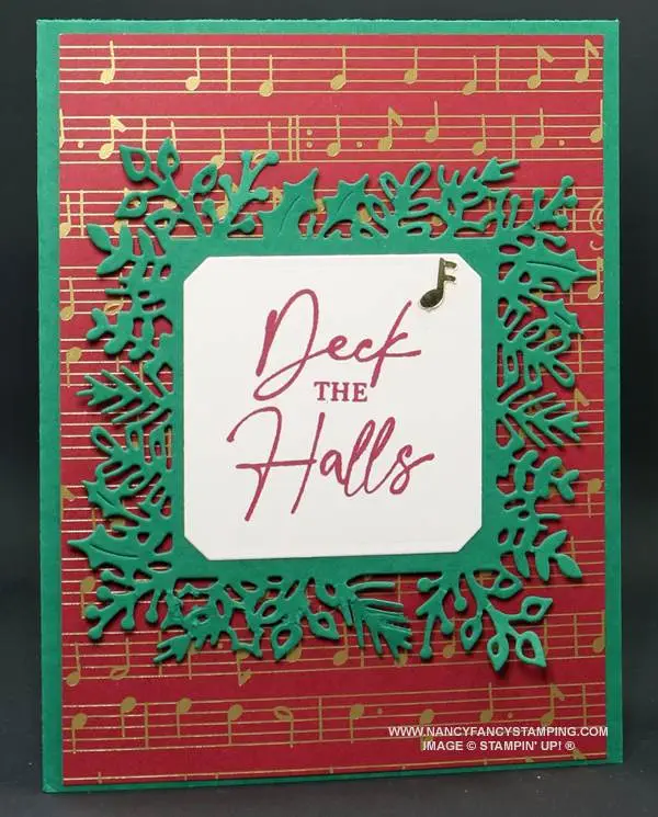 Check out this Shaded Spruce, Cherry Cobbler & Gold Musical Sheet Christmas Card
