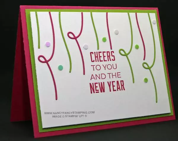 This is a Melon Mambo and Granny Apple Green Happy New Year Card featuring streamers and Iridescent Adhesive-Backed Discs (161954) confetti.