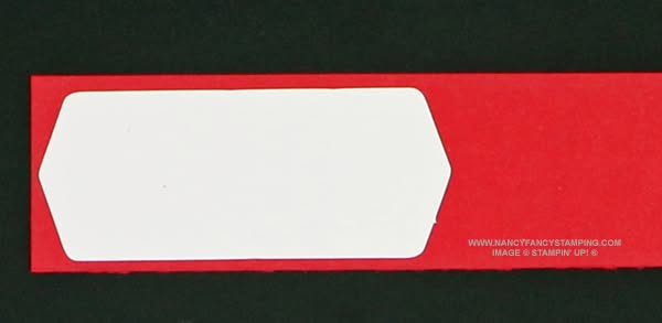 The sentiment banner is flipped over in this photo. The Real Red Cardstock is 1-1/4” wide. The length is 6”, but that doesn’t matter, because you’ll be cutting it off.
